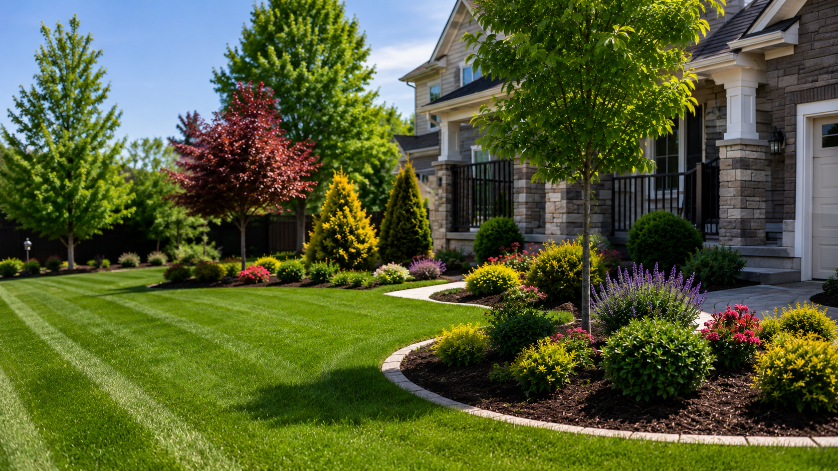 Completed front yard landscape design with stone, plants, and balanced structure