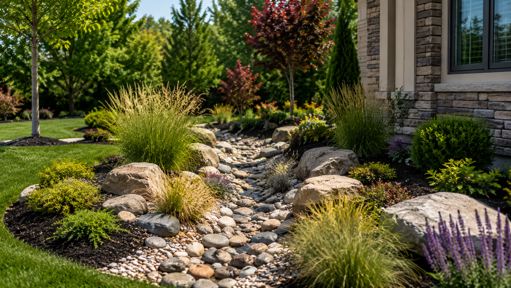 Dry creek drainage detail integrated into a residential landscape