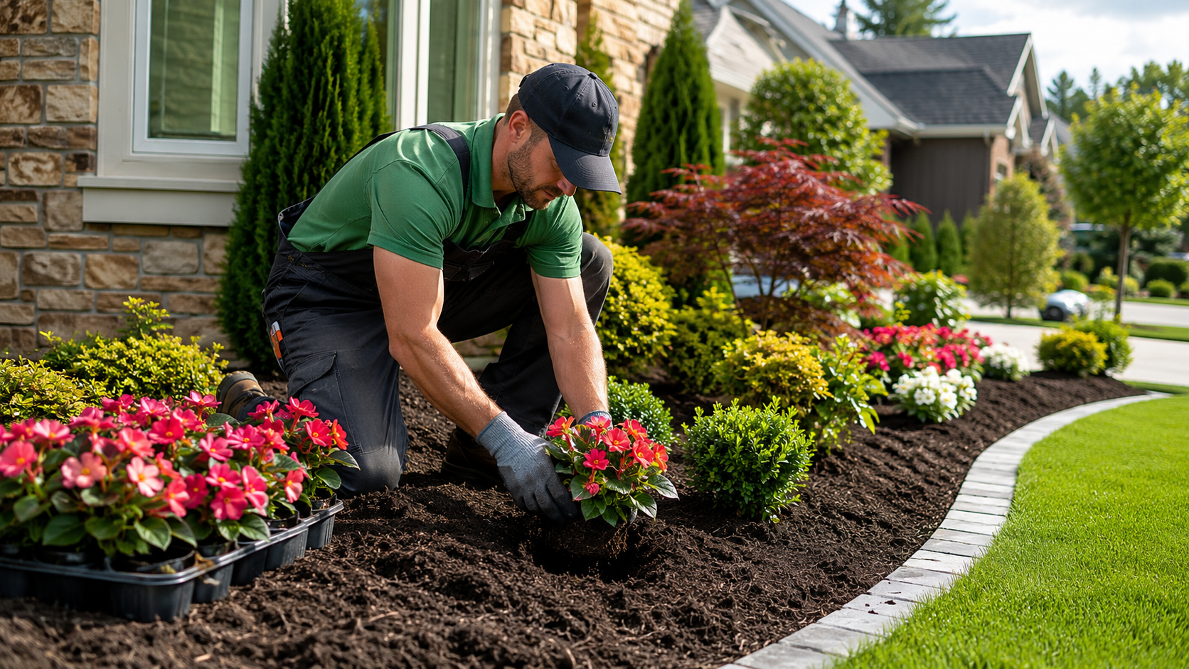 Wide front yard stone edging detail along a residential bed